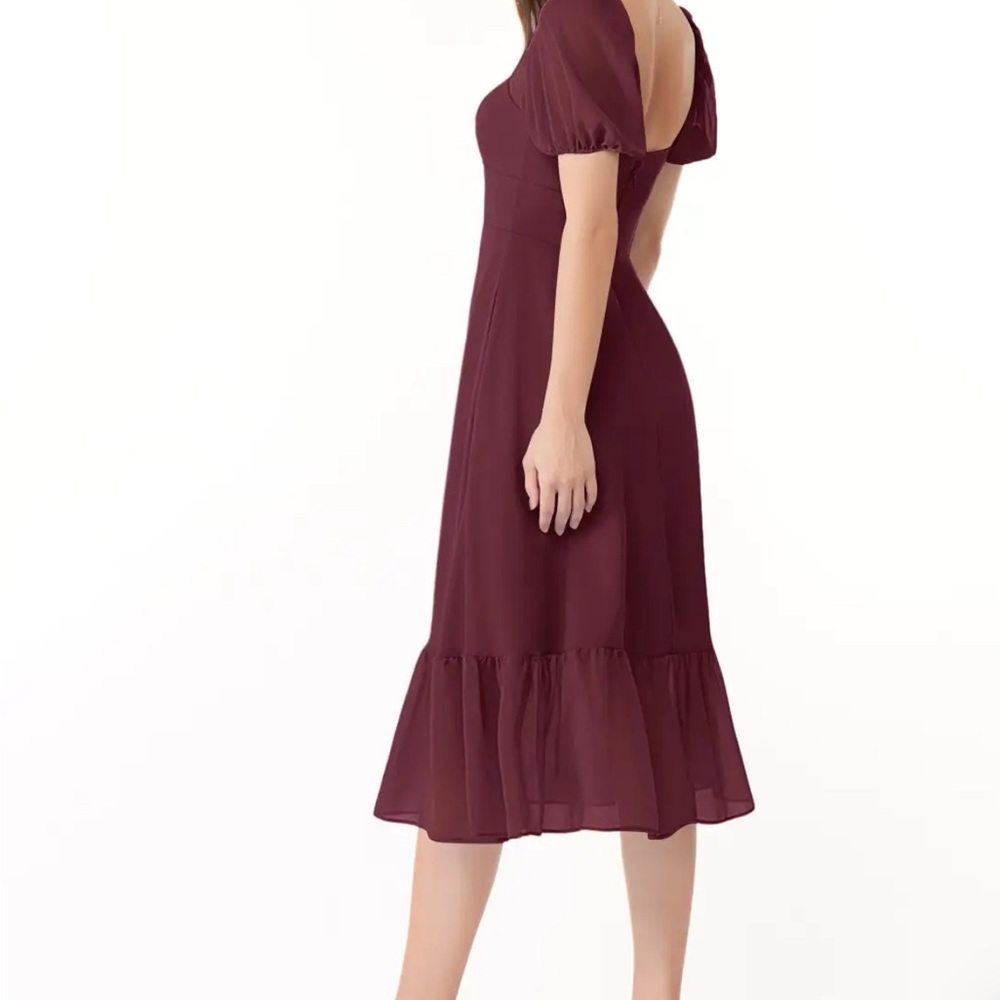 Azazie Baby Cabernet Midi Bridesmaid Dress Puff Sleeves Sweetheart Neck Size 6 - Picture 4 of 11